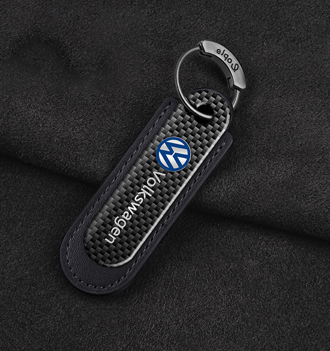 Volkswagen Real Carbon Fiber With Black Leather Keychain Tire Valve