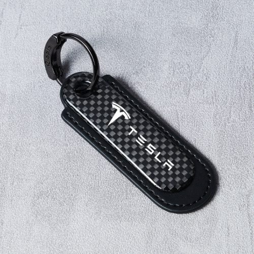 Tesla Real Carbon Fiber With Black Leather Keychain