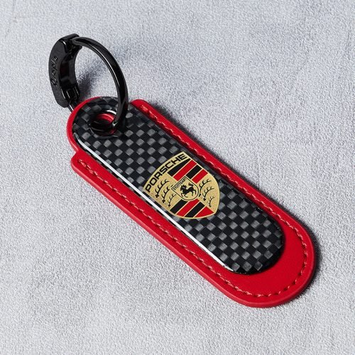 Porsche Real Carbon Fiber With Red Leather Keychain