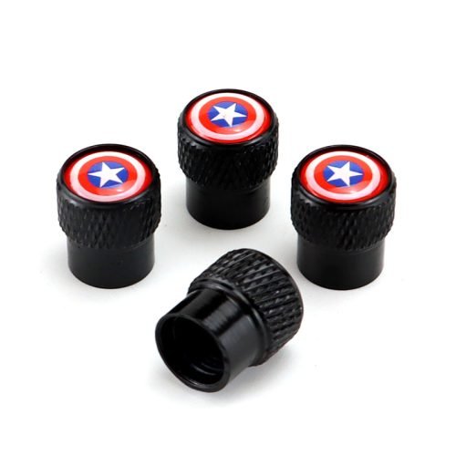 Captain America Black Aluminum Alloy Tire Valve Caps – Extra Spare Cap Total 5 Caps