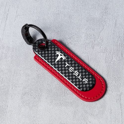 Tesla Real Carbon Fiber With Red Leather Keychain