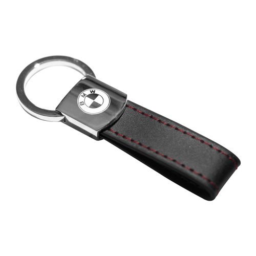 BMW Black Leather Red Stitches Metal Keychain