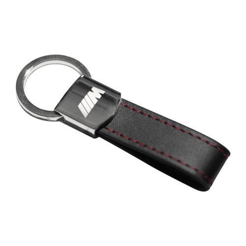 BMW M Series Black Leather Red Stitches Metal Keychain