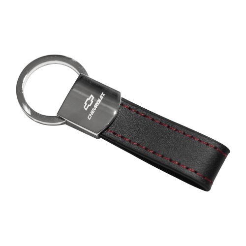 Chevrolet Black Leather Red Stitches Metal Keychain