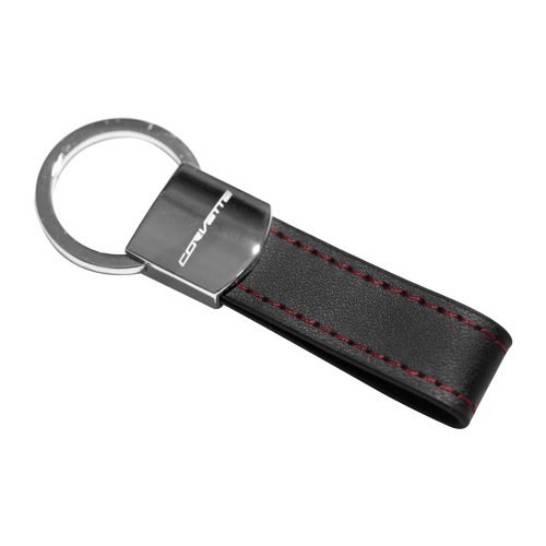 Chevrolet Corvette Black Leather Red Stitches Metal Keychain