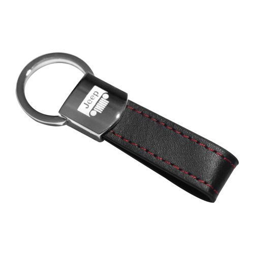 Jeep Black Leather Red Stitches Metal Keychain