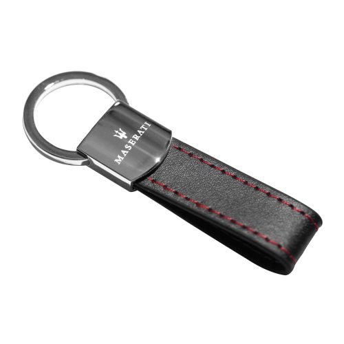 Maserati Black Leather Red Stitches Metal Keychain