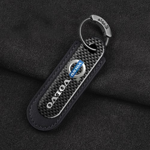 Volvo Real Carbon Fiber With Black Leather Keychain