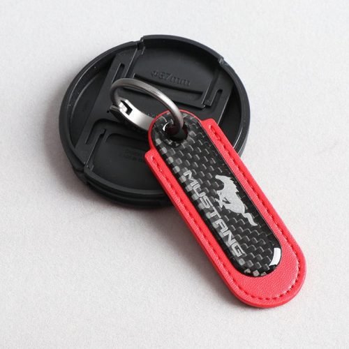 Ford Mustang Real Carbon Fiber With Red Leather Keychain
