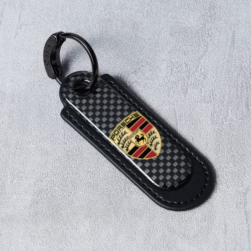 Porsche Real Carbon Fiber With Black Leather Keychain