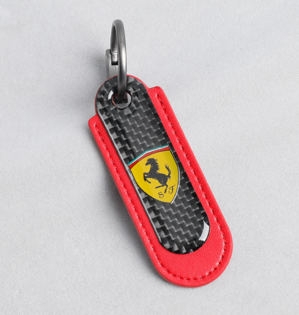 Ferrari Carbon Fiber Red Leather Keychain