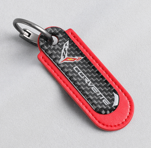 Chevrolet Corvette C8 Carbon Fiber With Red Leather Keychain
