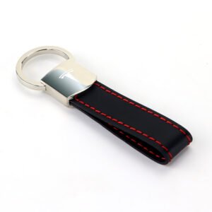 Metal Keychain - Tesla Black Leather Red Stitches