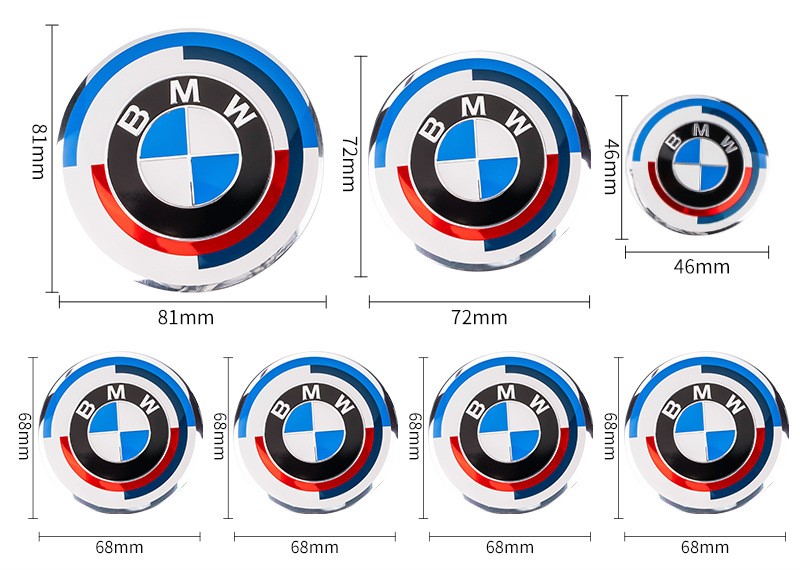 7-Piece BMW 50th Anniversary Emblem Center Caps Set – Sizes 82mm, 74mm, 56mm, 45mm – Hood & Wheels
