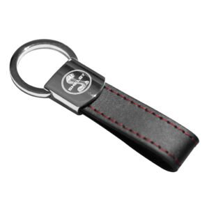 Keychain For Ford Mustang Shelby Black Leather Red Stitches Metal Keychain.