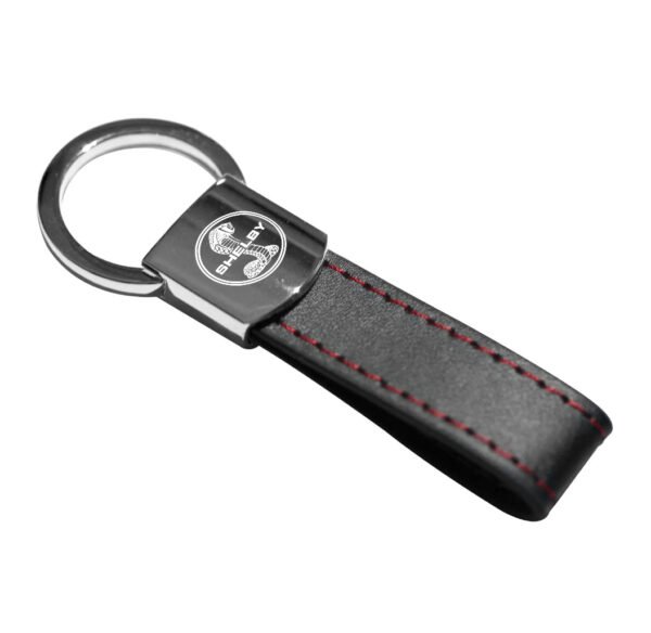 Keychain For Ford Mustang Shelby Black Leather Red Stitches Metal Keychain.