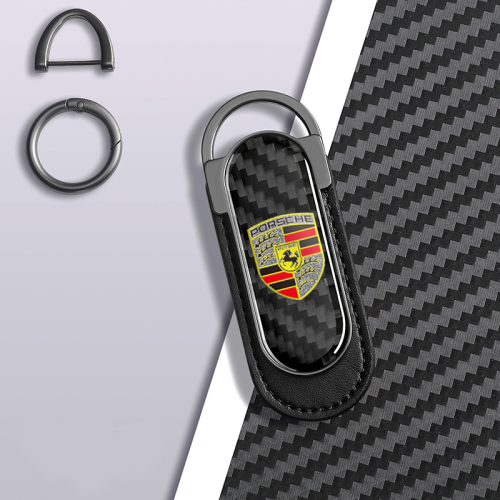 Carbon Fiber Metal Black Leather Keychain For Porsche Models