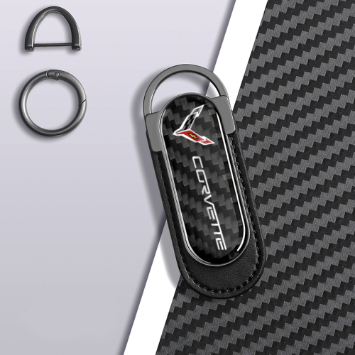 Carbon Fiber Metal Black Leather Keychain For Corvette C8 Models